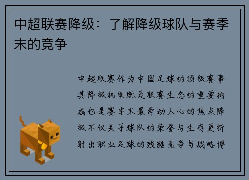 中超联赛降级：了解降级球队与赛季末的竞争