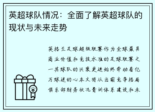 英超球队情况：全面了解英超球队的现状与未来走势