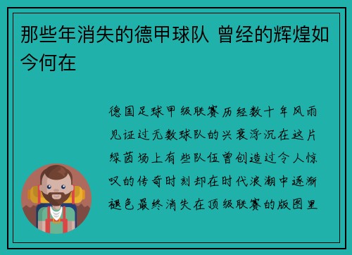 那些年消失的德甲球队 曾经的辉煌如今何在